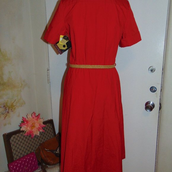 RARE Vintage NOS Sasson Hong Kong Red Cotton A-Line Belted Short Sleeved Dress - Picture 7 of 13